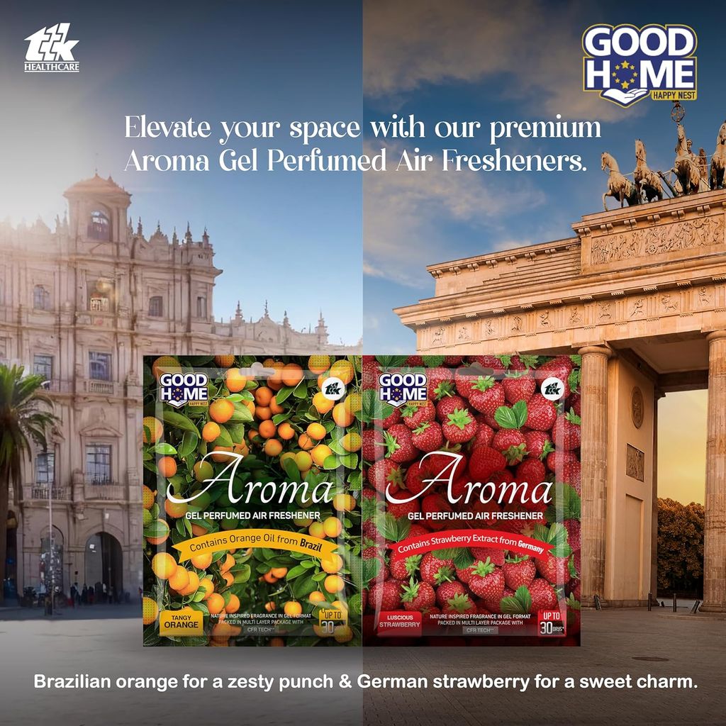 Good Home Aroma Gel Air Freshener, 4+4 Pack, Tangy Orange and Luscious Strawberry, Contains Orange Oil from Brazil and Strawberry Extract from Germany, Nature Inspired Fragrance in Gel Format, Packed in Multi Layer Package with CFR Tech, Up to 30 Days