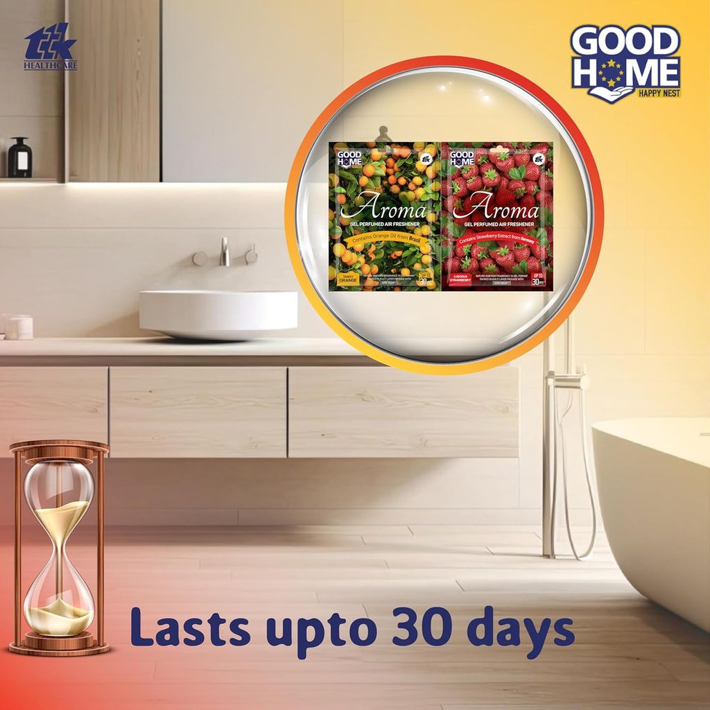 Good Home Aroma Gel Air Freshener, 4+4 Pack, Tangy Orange and Luscious Strawberry, Contains Orange Oil from Brazil and Strawberry Extract from Germany, Nature Inspired Fragrance in Gel Format, Packed in Multi Layer Package with CFR Tech, Up to 30 Days