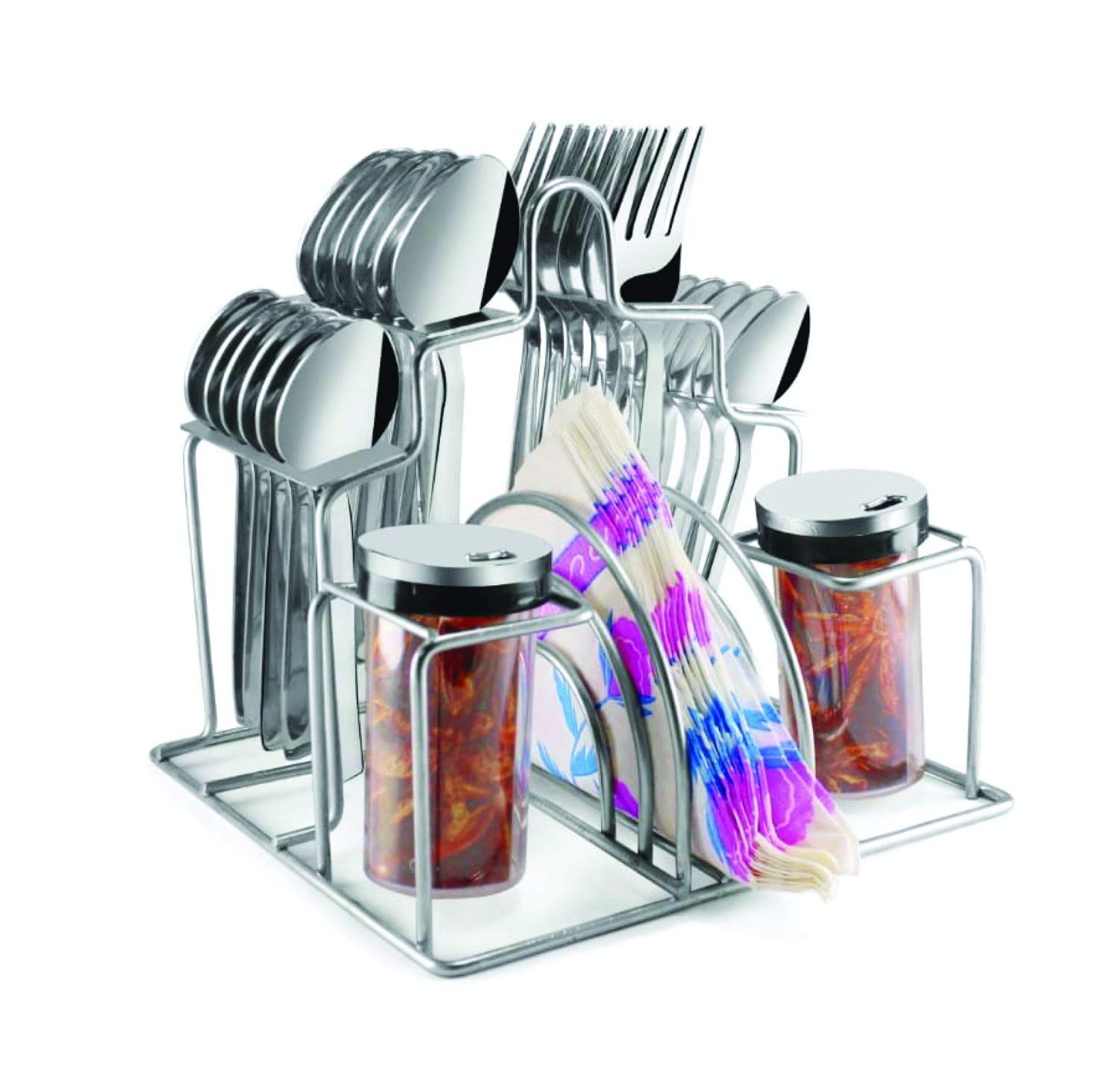 POGON Passion Stainless Steel Cutlery Set with Salt & Pepper Dispenser and Napkin Stand, Set of 27, Silver