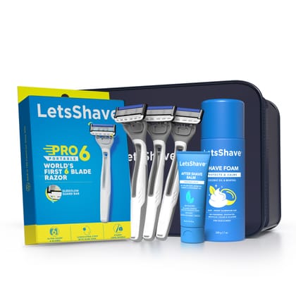 LetsShave Pro 6 Portable Razor for Men, 3 Razor + Shave Foam 200g + After Shave Balm 30ml + Travel Pouch, World's First 6 Blade Disposable Razor Shaving Set for Men