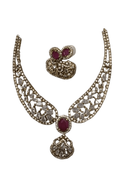 "Stunning Silver Necklace and Ring Set with Red Ruby Stones"