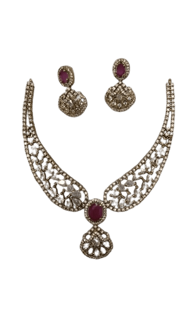 "Stunning Silver Necklace and Ring Set with Red Ruby Stones"