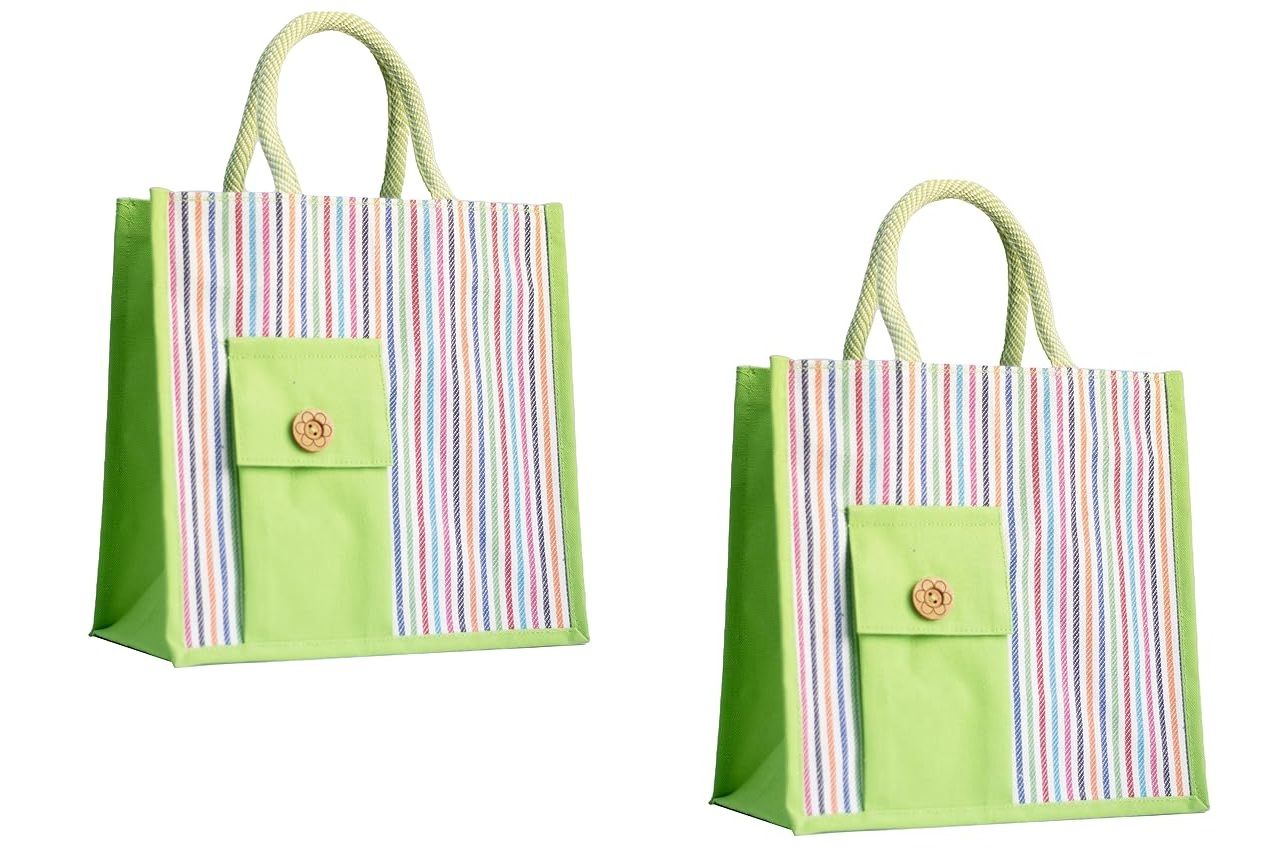 SS Eco-Life Premium Jute Tote Bag – Stylish, Spacious & Sustainable With Front Pocket & Zip Closure. For College, Office, Shopping & Outings. Colours Available Green, Pink, Red, Blue & Orange. Pack of 2.