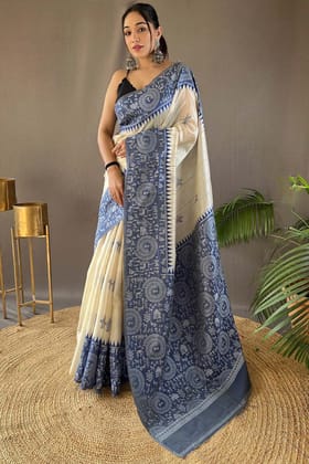 Beige and Blue Tussar Silk Saree