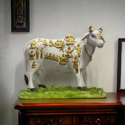 Kamdhenu Cow with God Figures,H-23.5 cm-Poly resin