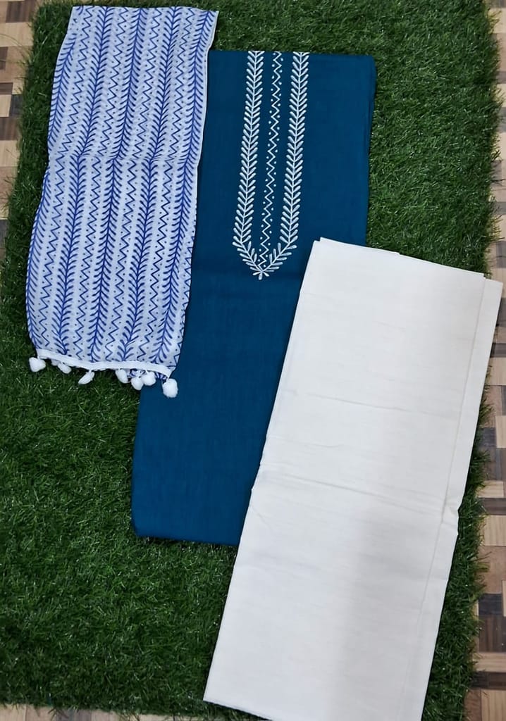 Women's Blue Cotton Printed Kurta with White Palazzo Pants and Dupatta Set