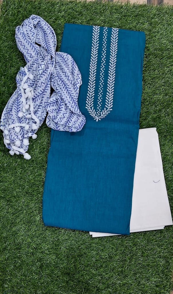 Women's Blue Cotton Printed Kurta with White Palazzo Pants and Dupatta Set
