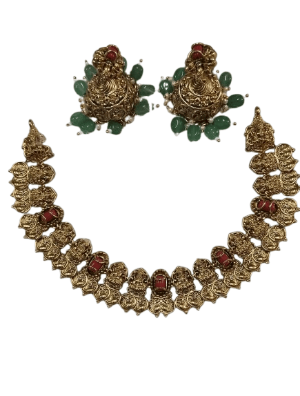  Exquisite Kundan Meenakari Coin Necklace Set with Red Stones and Green Beads