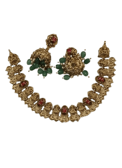  Exquisite Kundan Meenakari Coin Necklace Set with Red Stones and Green Beads