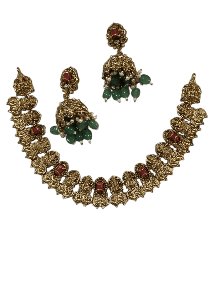  Exquisite Kundan Meenakari Coin Necklace Set with Red Stones and Green Beads