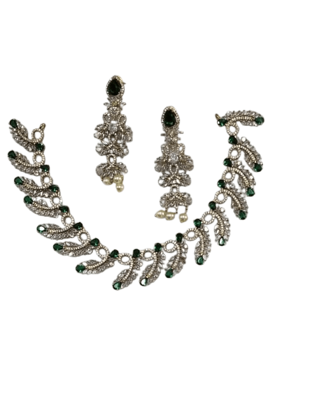 American Diamond and Emerald Necklace Set in Silver Polish