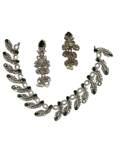 American Diamond and Emerald Necklace Set in Silver Polish