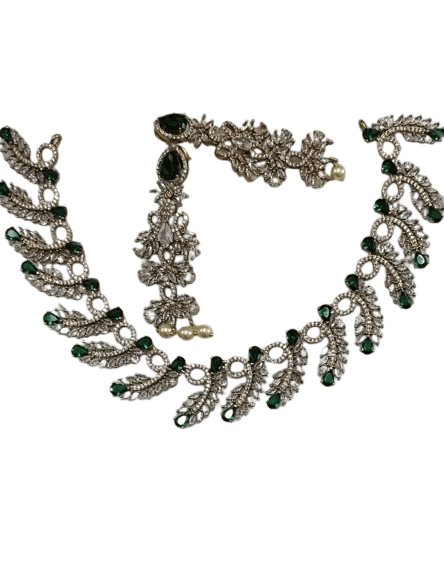 American Diamond and Emerald Necklace Set in Silver Polish