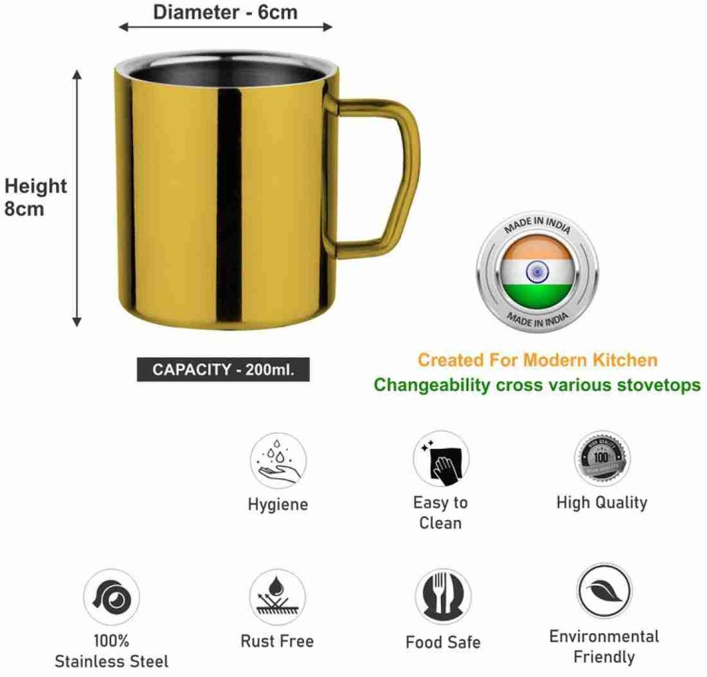 Prabha Set of 4 Gold Stainless Steel Coffee Mugs with Handle, 350ml Double Wall Insulated Metal Cups for Espresso, Tea, Milk