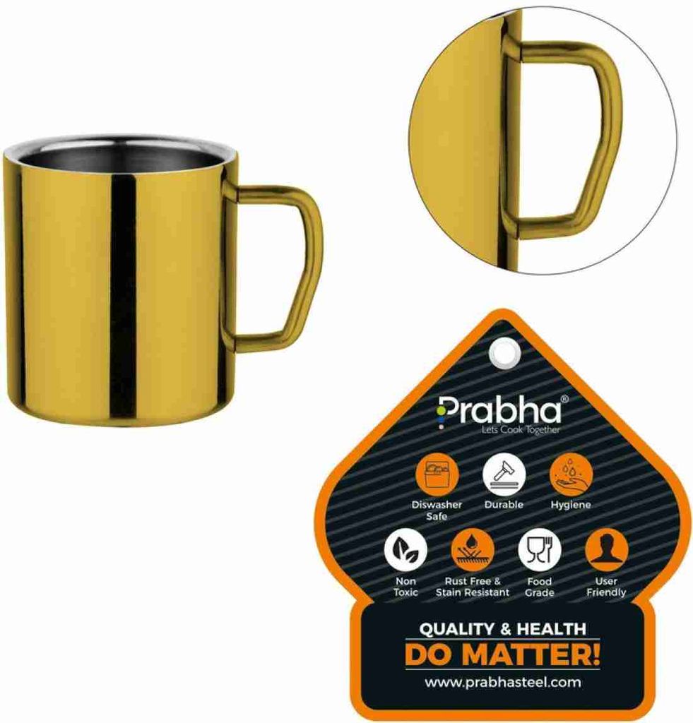 Prabha Set of 4 Gold Stainless Steel Coffee Mugs with Handle, 350ml Double Wall Insulated Metal Cups for Espresso, Tea, Milk