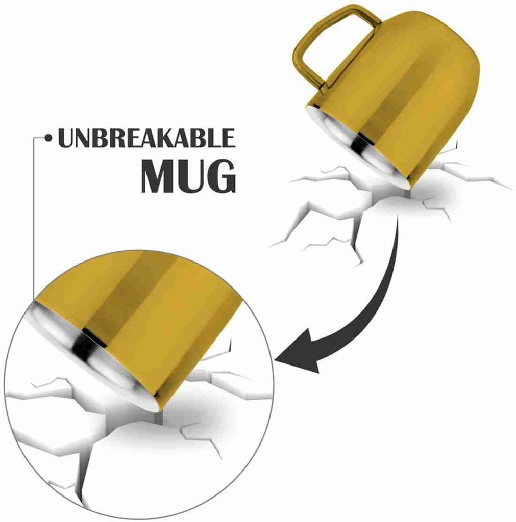 Prabha Set of 4 Gold Stainless Steel Coffee Mugs with Handle, 350ml Double Wall Insulated Metal Cups for Espresso, Tea, Milk