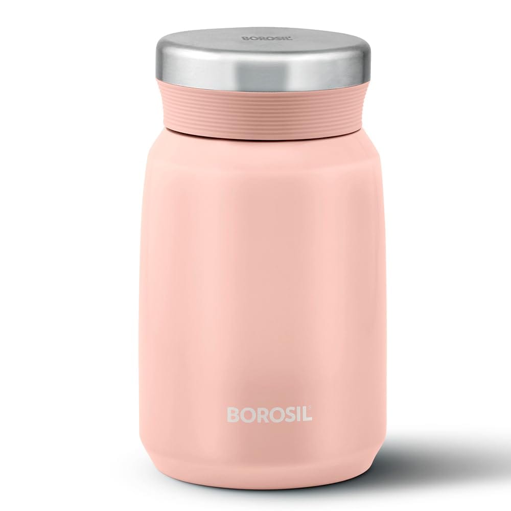 Borosil CarryMate 500ml Stainless Steel Jar with Lid | 12 hrs Hot & 13 hrs Cold | Double Wall Vacuum Insulated Food & Soup Flask | Pink