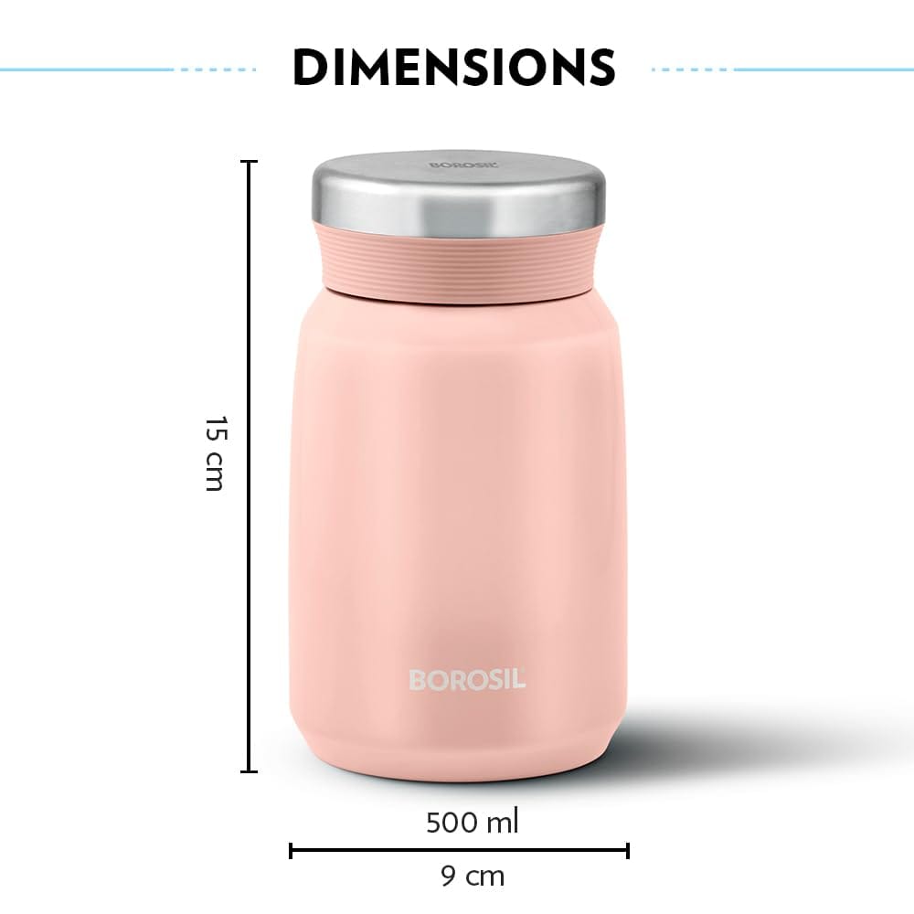 Borosil CarryMate 500ml Stainless Steel Jar with Lid | 12 hrs Hot & 13 hrs Cold | Double Wall Vacuum Insulated Food & Soup Flask | Pink