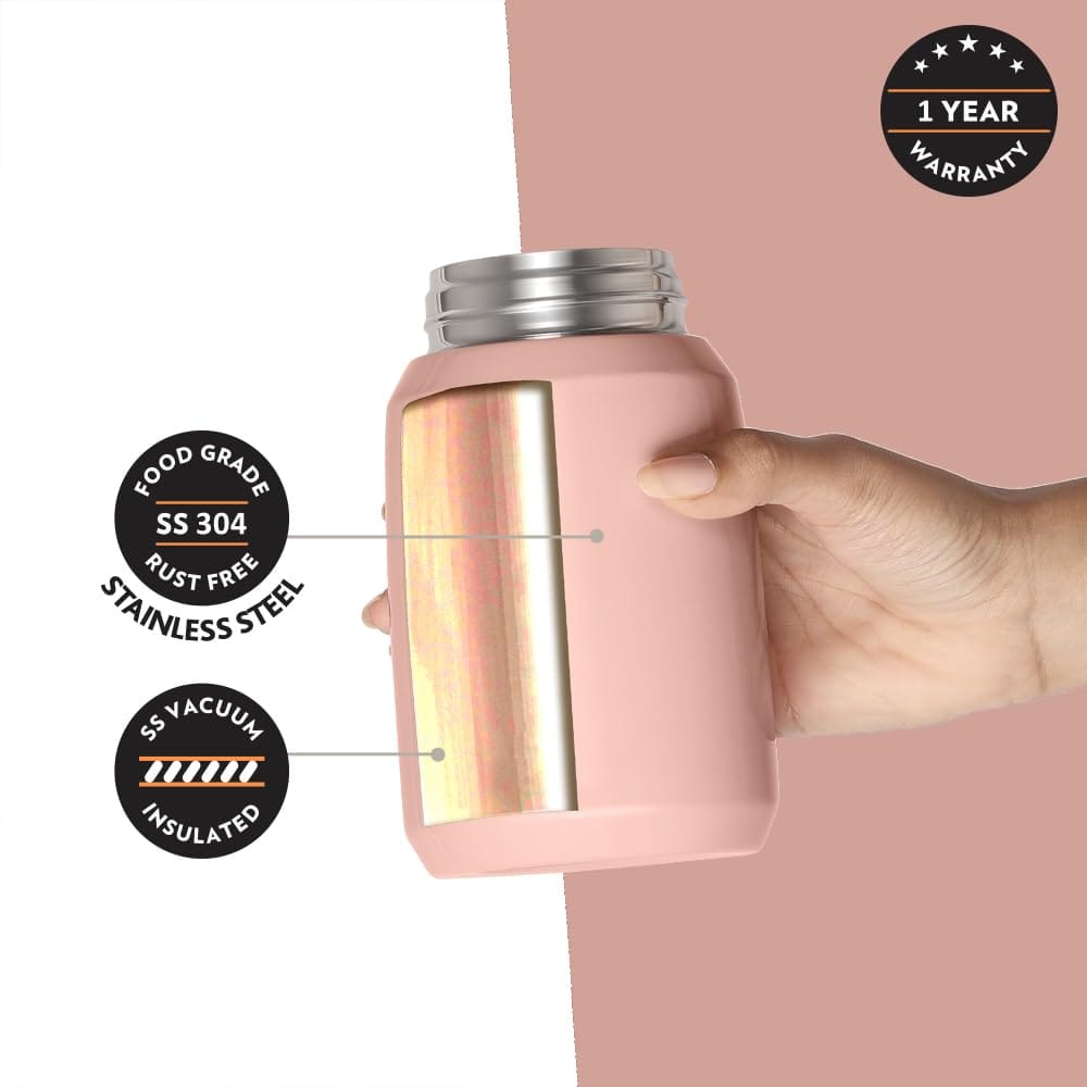 Borosil CarryMate 500ml Stainless Steel Jar with Lid | 12 hrs Hot & 13 hrs Cold | Double Wall Vacuum Insulated Food & Soup Flask | Pink
