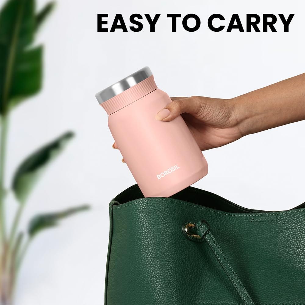 Borosil CarryMate 500ml Stainless Steel Jar with Lid | 12 hrs Hot & 13 hrs Cold | Double Wall Vacuum Insulated Food & Soup Flask | Pink