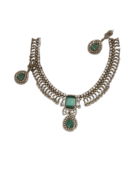 Stunning Silver and Green Emerald Necklace Set with Intricate Design - Jewellery Sets | Buy online on ZillyBuy