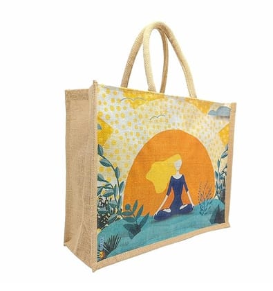 SS Eco-Life Eco-Friendly Yoga-Themed Jute Bag – Spacious & Stylish  For Shopping. Ample Space for Everything You Love To Shop. Multicolour.  Note: Print May Vary.