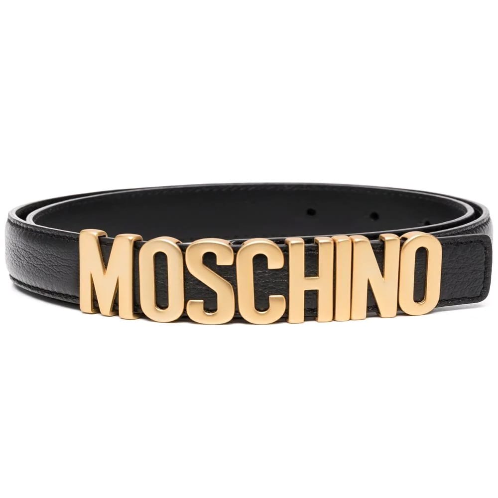 Moschino Women's Black Leather Belt with Gold Logo Buckle