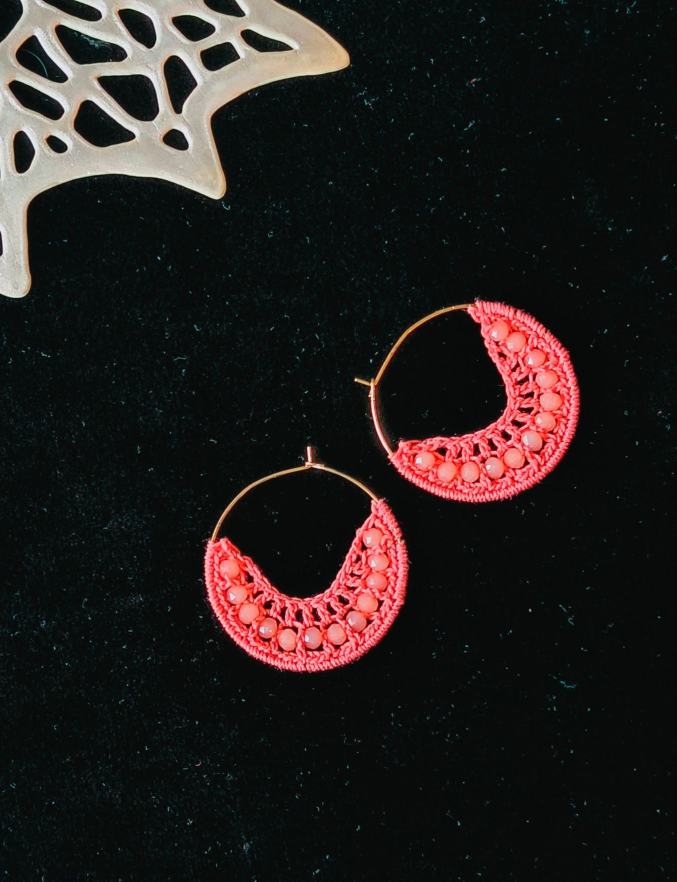 Unique Handmade Cotton Crochet Coral Hoop Earrings, Lightweight Statement Earrings, Perfect for Summer