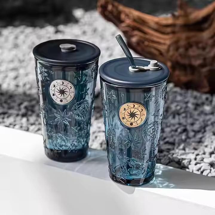 Constellation Glass Tumbler with Lid and Straw | Reusable Cola Cup for Fruit Juice | Iced Coffee Cocktail Mug | Tumbler forJuice,Tea for Home, Office & Travel (450 ml,Pack of1,Dark Blue)