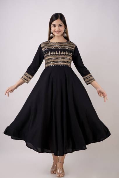 Women Embroidered Viscose Rayon Flared Kurta  (Black)