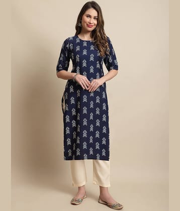 7Threads Crepe Printed Straight Women's Kurti - Navy Blue ( Pack of 1 )