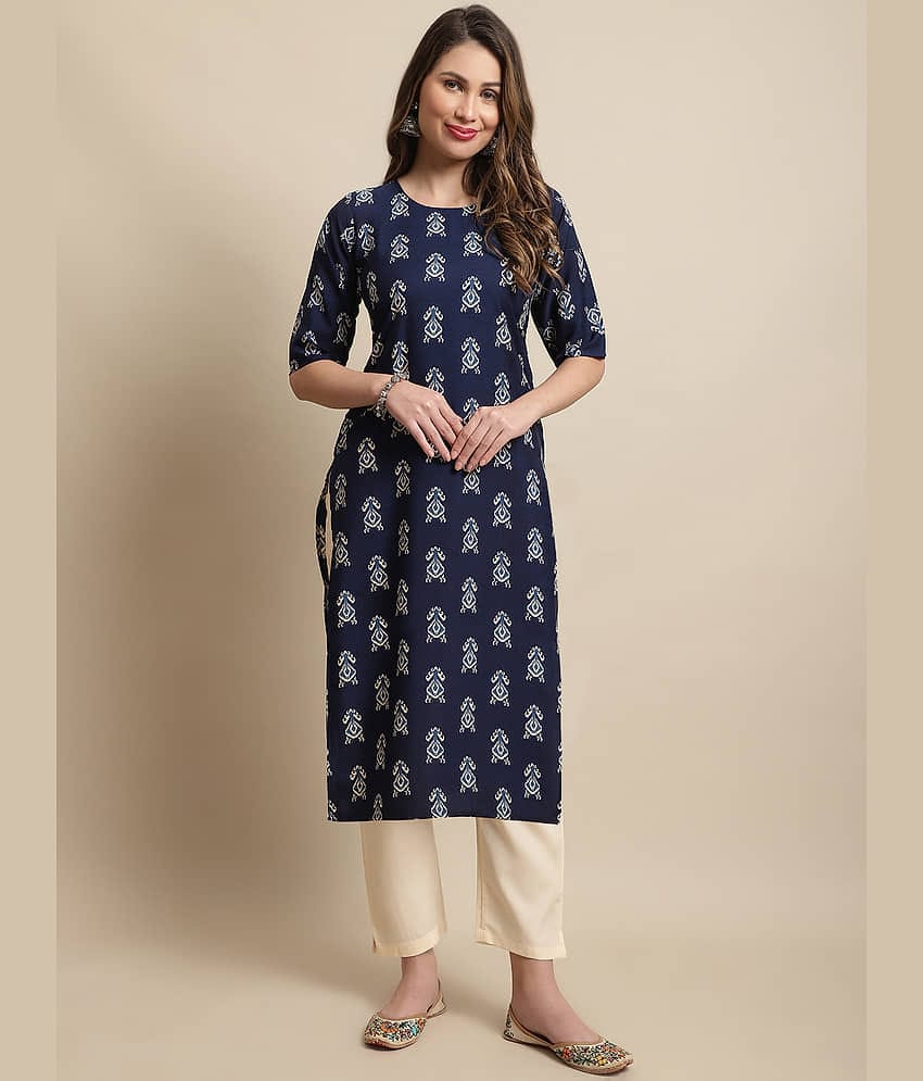 7Threads Crepe Printed Straight Women's Kurti - Navy Blue ( Pack of 1 )