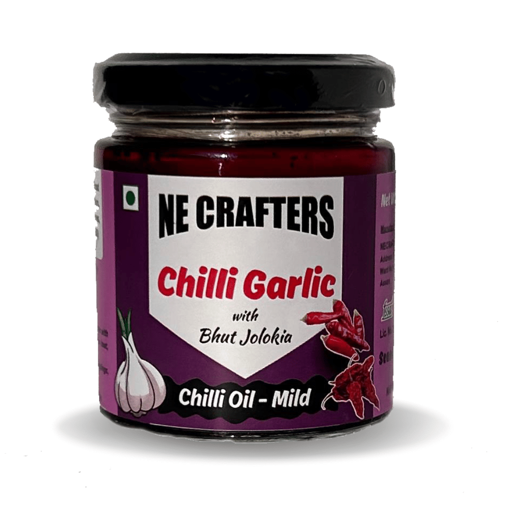 NE CRAFTERS Chilli Garlic with Bhut Jolokia | Hand-Made with Bhut Jolokia, Kashmiri Chillies, Garlic, Onion, Cinnamon and Spices | Best with Momos, Ramen, Noodles, Pasta - Mild Flavour (100 gms)
