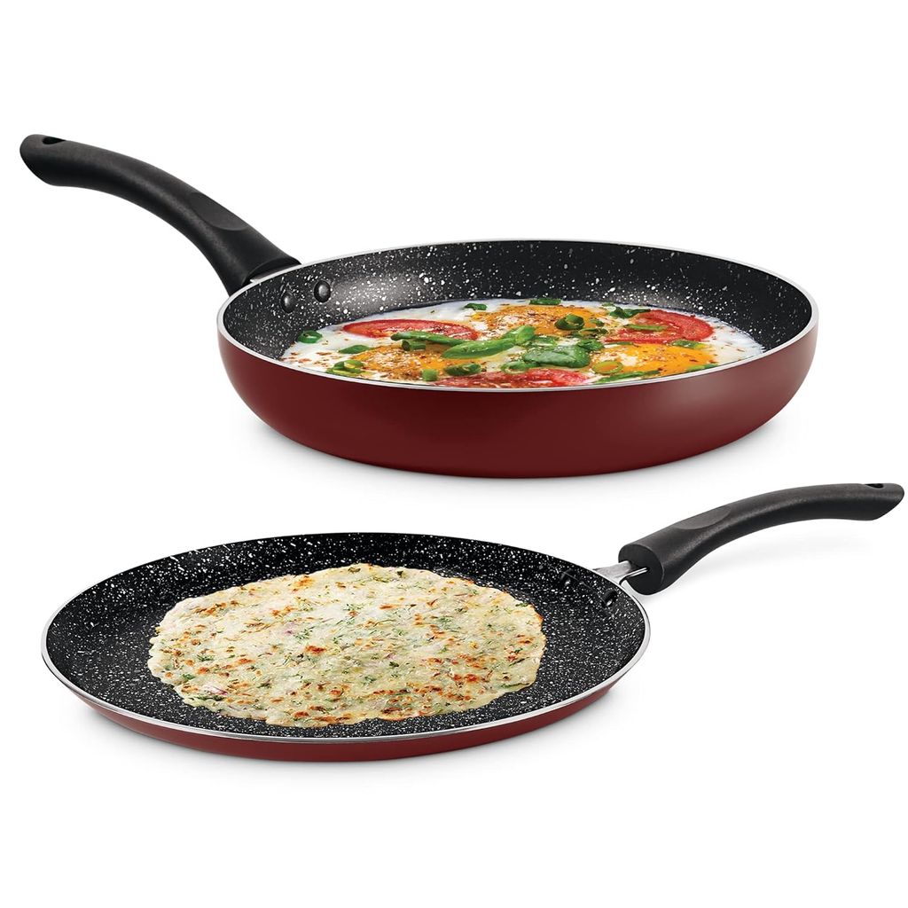 Milton Pro Cook New Granito My Kitchen Set of 2, (Tawa 28 cm and Fry Pan 24 cm / 1.6 Litre) Burgundy | Dishwasher Safe | Induction Safe | Gas Stove Safe | 2 Years Warranty