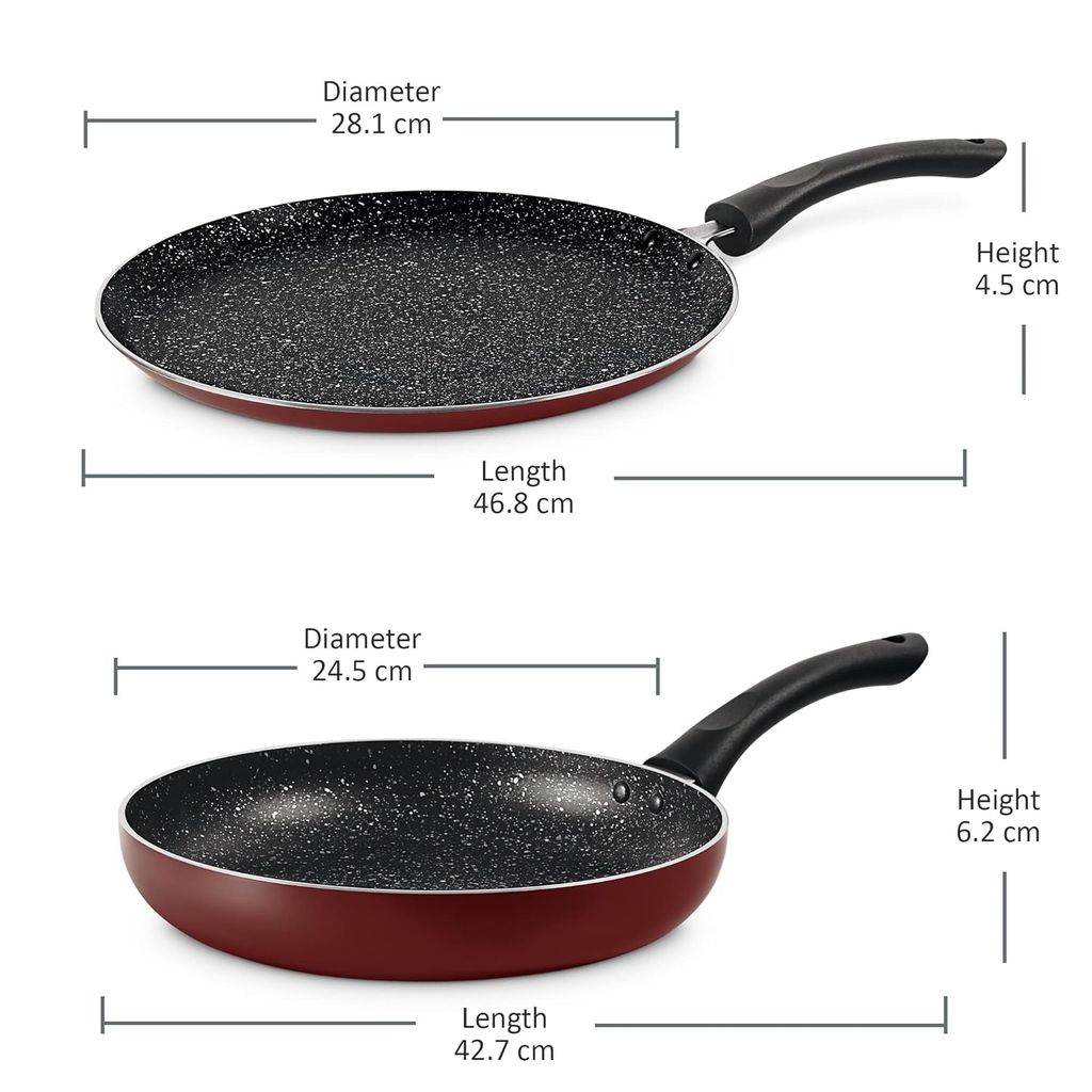 Milton Pro Cook New Granito My Kitchen Set of 2, (Tawa 28 cm and Fry Pan 24 cm / 1.6 Litre) Burgundy | Dishwasher Safe | Induction Safe | Gas Stove Safe | 2 Years Warranty