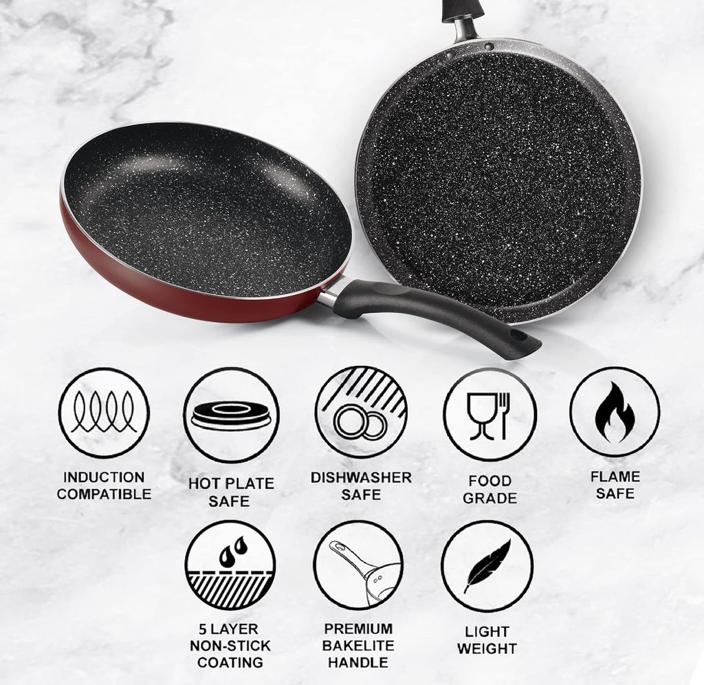 Milton Pro Cook New Granito My Kitchen Set of 2, (Tawa 28 cm and Fry Pan 24 cm / 1.6 Litre) Burgundy | Dishwasher Safe | Induction Safe | Gas Stove Safe | 2 Years Warranty