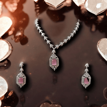 ELLNORA'S Stunning Silver Necklace Set with Pink Stones