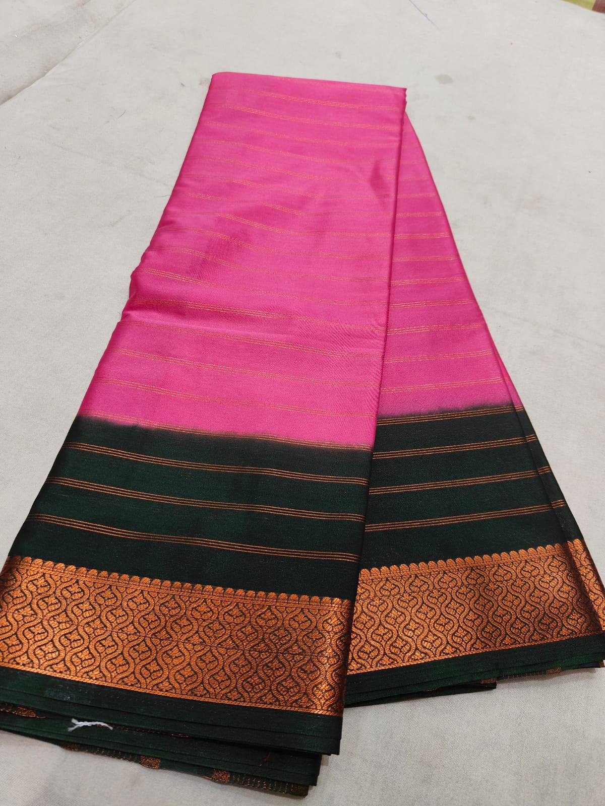 Pure Handloom Mysore Silk Saree With Zari Border in Pink and Black
