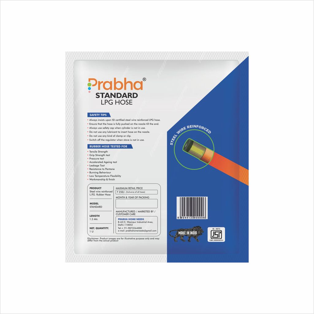 Prabha Gas Pipe 1.5 Meter With ISI Certified | Rubber Lpg Hose-Gas Hose Pipe | 1.5 Meter LPG Hose Pipe Flame Resistant, Leak Proof | Reinforced Steel Wire For Home with 7 Years Manufacturer Warranty