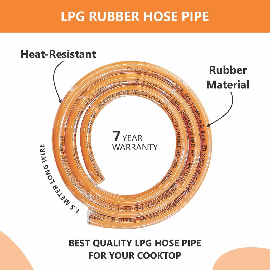 Prabha Gas Pipe 1.5 Meter With ISI Certified | Rubber Lpg Hose-Gas Hose Pipe | 1.5 Meter LPG Hose Pipe Flame Resistant, Leak Proof | Reinforced Steel Wire For Home with 7 Years Manufacturer Warranty