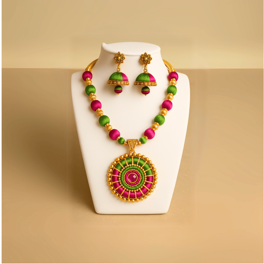 Antique Silk Thread Flower Necklace with Stud and Jhumka Earrings for Women