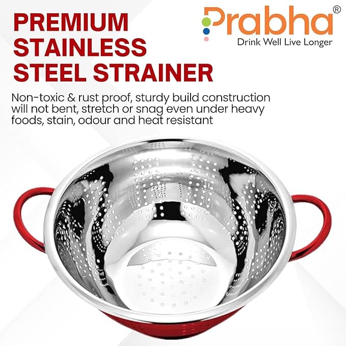 Prabha Colander Stainless Steel Strainer Sieves, 3000ML, 24cm | Kitchen Strainer with Handle-Essential Kitchen | Colanders Bowl, Basket | Colander for Rice Straining Washing Fruits, Vegetables