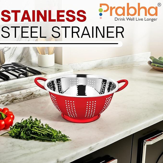 Prabha Colander Stainless Steel Strainer Sieves, 3000ML, 24cm | Kitchen Strainer with Handle-Essential Kitchen | Colanders Bowl, Basket | Colander for Rice Straining Washing Fruits, Vegetables