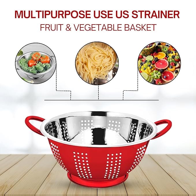 Prabha Colander Stainless Steel Strainer Sieves, 3000ML, 24cm | Kitchen Strainer with Handle-Essential Kitchen | Colanders Bowl, Basket | Colander for Rice Straining Washing Fruits, Vegetables