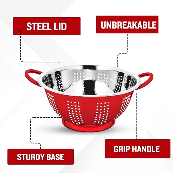 Prabha Colander Stainless Steel Strainer Sieves, 3000ML, 24cm | Kitchen Strainer with Handle-Essential Kitchen | Colanders Bowl, Basket | Colander for Rice Straining Washing Fruits, Vegetables