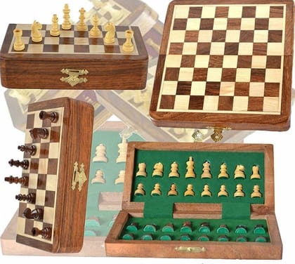 SOUVNEAR Wooden Handcrafted Foldable Magnetic Chess Board Set with 32 Magnetic Pieces for 2 Players Kids and Adults (7x7 Inches, Brown Yellow)