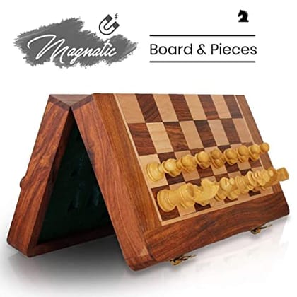 10X10 INCH SOUVNEAR  Wooden Handcrafted Foldable Magnetic Chess Board Set with 32 Magnetic Pieces for 2 Players Kids and Adults (Brown Yellow)