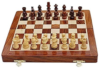 12x12 INCH SOUVNEAR  Wooden Handcrafted Foldable Magnetic Chess Board Set + 34 Magnetic Pieces 2 Queens Extra for 2 Players Kids and Adults (Brown Yellow)