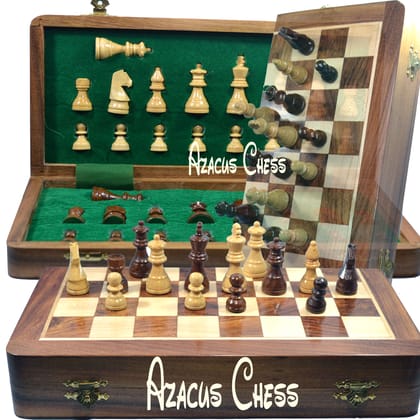 12x12 INCH SOUVNEAR  Wooden Handcrafted Foldable Magnetic Chess Board Set + 34 Magnetic Pieces 2 Queens Extra for 2 Players Kids and Adults (Brown Yellow)
