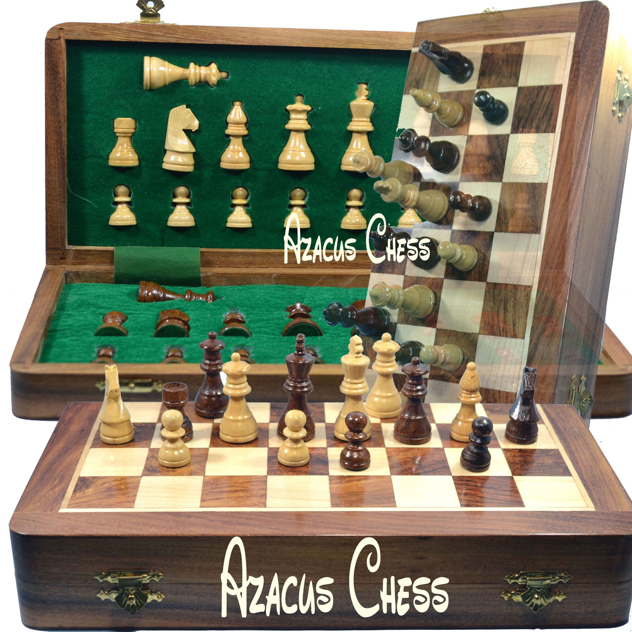 12x12 INCH SOUVNEAR  Wooden Handcrafted Foldable Magnetic Chess Board Set + 34 Magnetic Pieces 2 Queens Extra for 2 Players Kids and Adults (Brown Yellow)